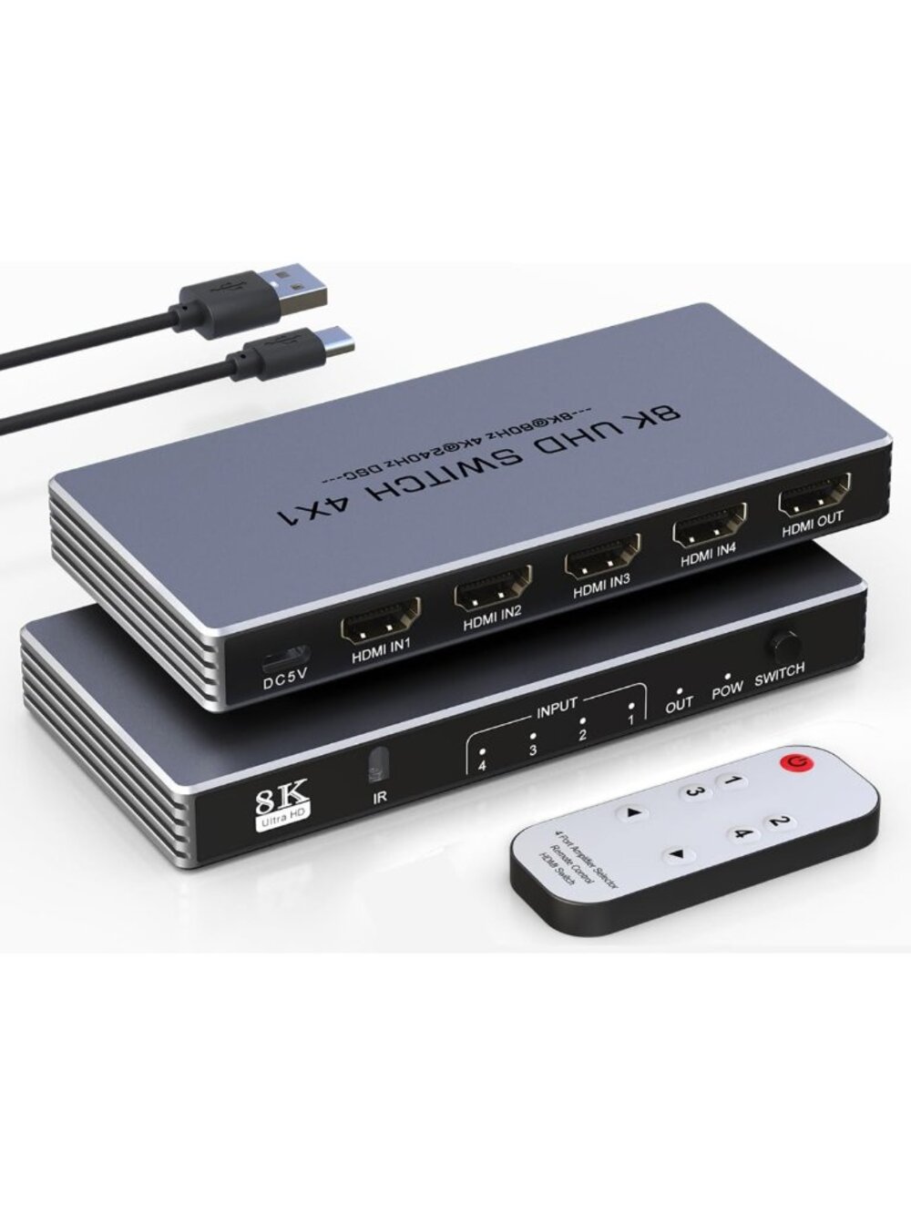 4-Port HDMI Switcher 8K@60Hz 4K@240Hz Splitter with Remote - Supports PS5, Xbox